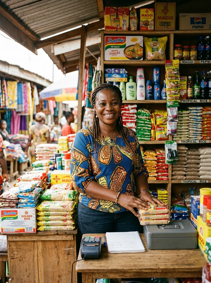 Casual market trader selling in a local store