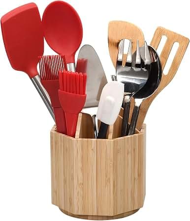 Bamboo kitchen utensil holder with wooden tools