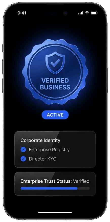 Minimal verified business phone mockup with Dealmaker blue badge and corporate credentials